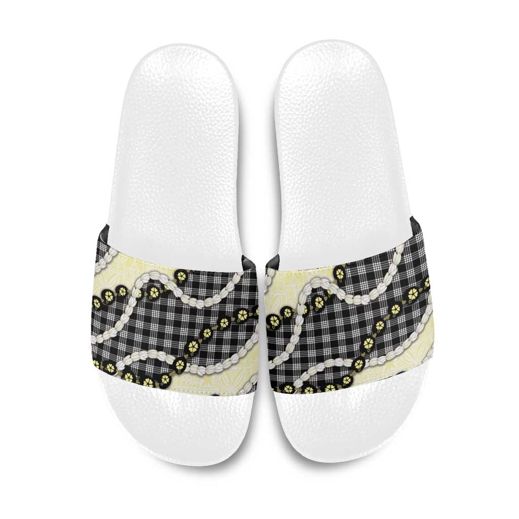 Black Palaka Hawaii Slide Sandals Kukui Nut Pikake Lei Hawaiian Tapa Pattern LT14 Black - Polynesian Pride