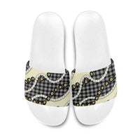 Black Palaka Hawaii Slide Sandals Kukui Nut Pikake Lei Hawaiian Tapa Pattern LT14 Black - Polynesian Pride