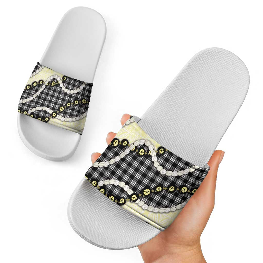 Black Palaka Hawaii Slide Sandals Kukui Nut Pikake Lei Hawaiian Tapa Pattern LT14 - Polynesian Pride