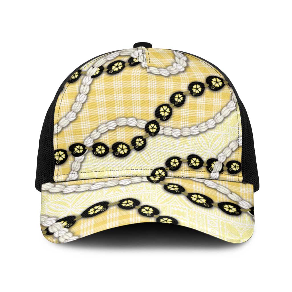 Yellow Palaka Hawaii Baseball Net Cap Kukui Nut Pikake Lei Hawaiian Tapa Pattern LT14 One Size Black Yellow - Polynesian Pride