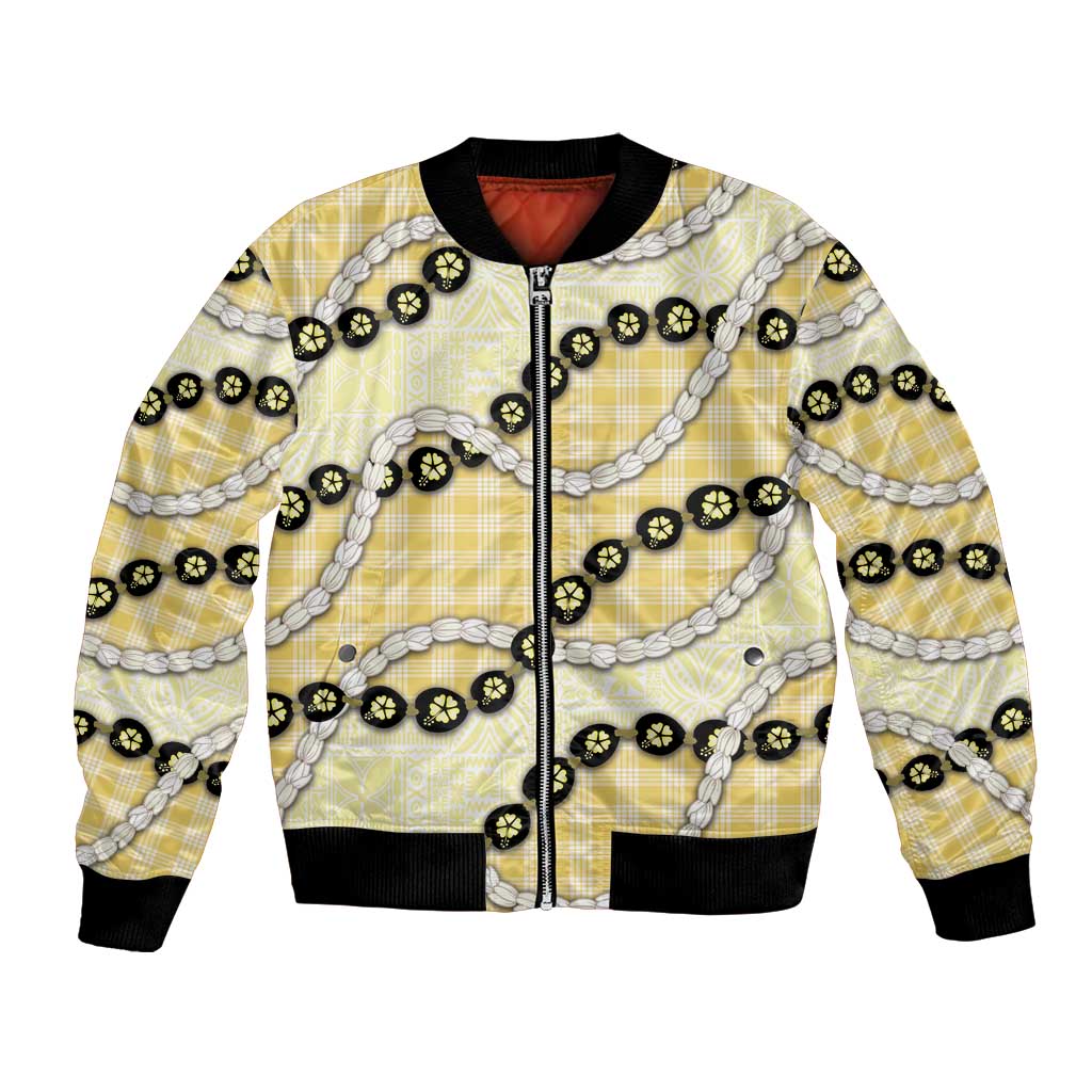 Yellow Palaka Hawaii Bomber Jacket Kukui Nut Pikake Lei Hawaiian Tapa Pattern LT14 Unisex Yellow - Polynesian Pride