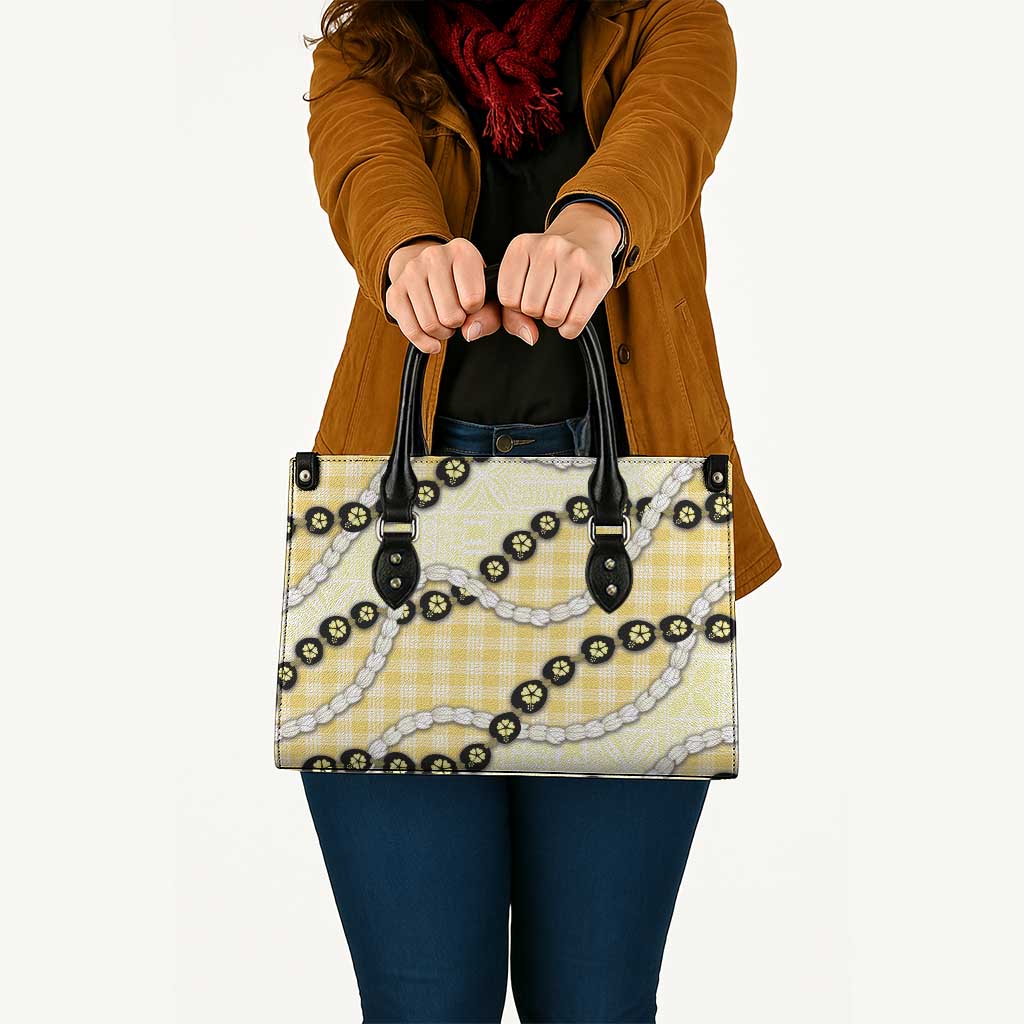 Yellow Palaka Hawaii Leather Bag Kukui Nut Pikake Lei Hawaiian Tapa Pattern LT14 - Polynesian Pride