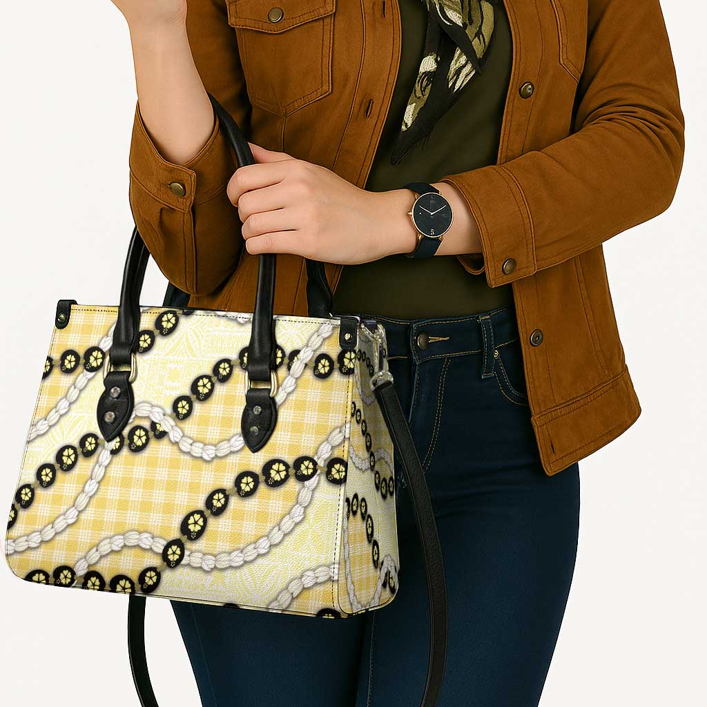 Yellow Palaka Hawaii Leather Bag Kukui Nut Pikake Lei Hawaiian Tapa Pattern LT14 - Polynesian Pride