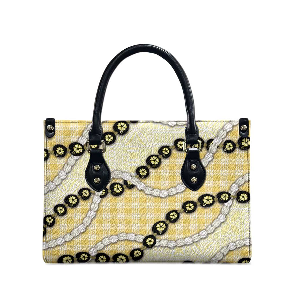 Yellow Palaka Hawaii Leather Bag Kukui Nut Pikake Lei Hawaiian Tapa Pattern LT14 - Polynesian Pride