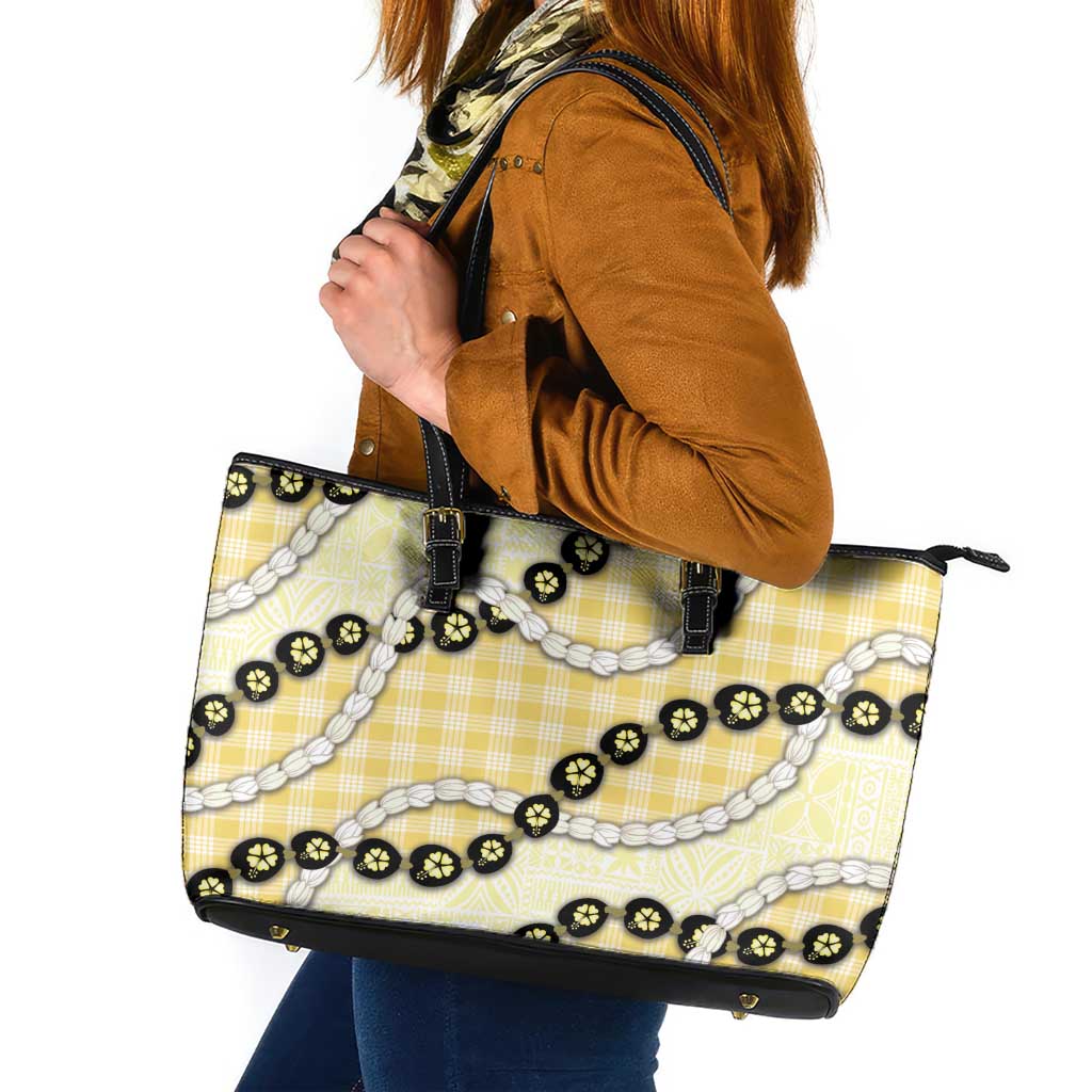 Yellow Palaka Hawaii Leather Tote Bag Kukui Nut Pikake Lei Hawaiian Tapa Pattern LT14 Yellow - Polynesian Pride