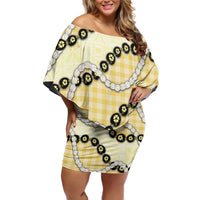 Yellow Palaka Hawaii Off Shoulder Short Dress Kukui Nut Pikake Lei Hawaiian Tapa Pattern LT14 Women Yellow - Polynesian Pride