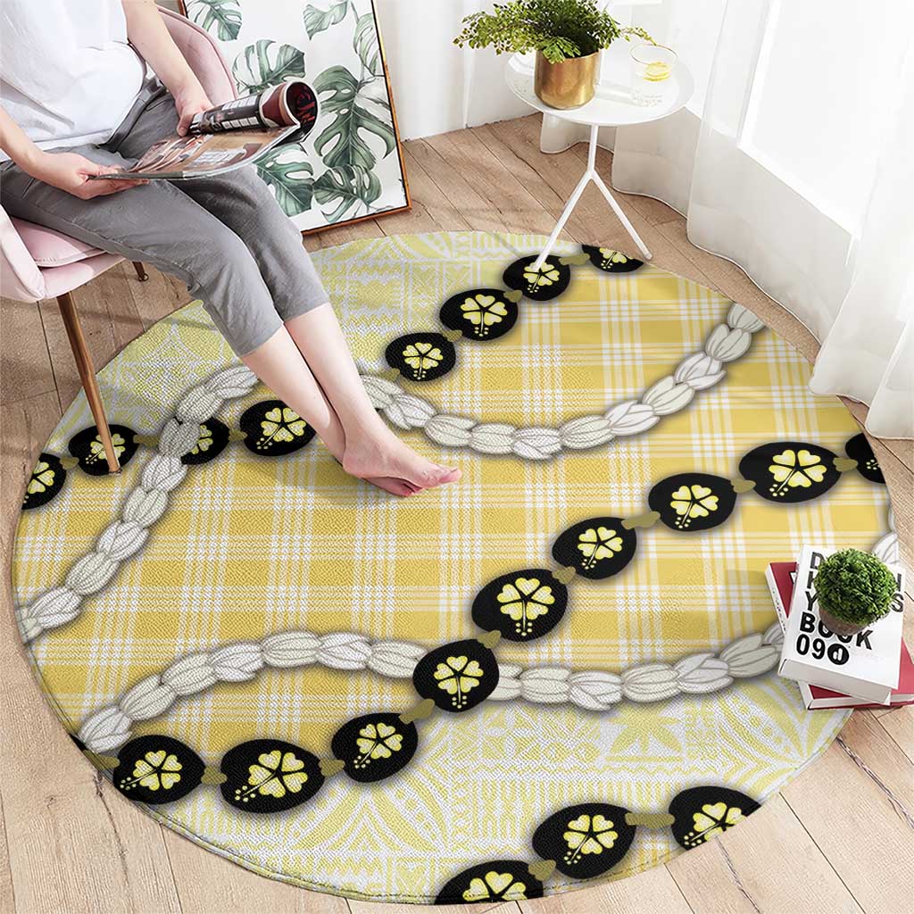 Yellow Palaka Hawaii Round Carpet Kukui Nut Pikake Lei Hawaiian Tapa Pattern LT14 - Polynesian Pride