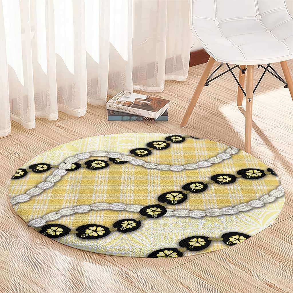 Yellow Palaka Hawaii Round Carpet Kukui Nut Pikake Lei Hawaiian Tapa Pattern LT14 - Polynesian Pride