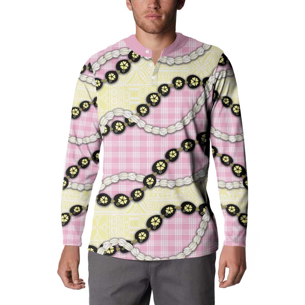 Pink Palaka Hawaii Button Sweatshirt Kukui Nut Pikake Lei Hawaiian Tapa Pattern LT14 - Polynesian Pride