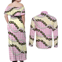 Pink Palaka Hawaii Couples Matching Off Shoulder Maxi Dress and Long Sleeve Button Shirt Kukui Nut Pikake Lei Hawaiian Tapa Pattern LT14 - Polynesian Pride