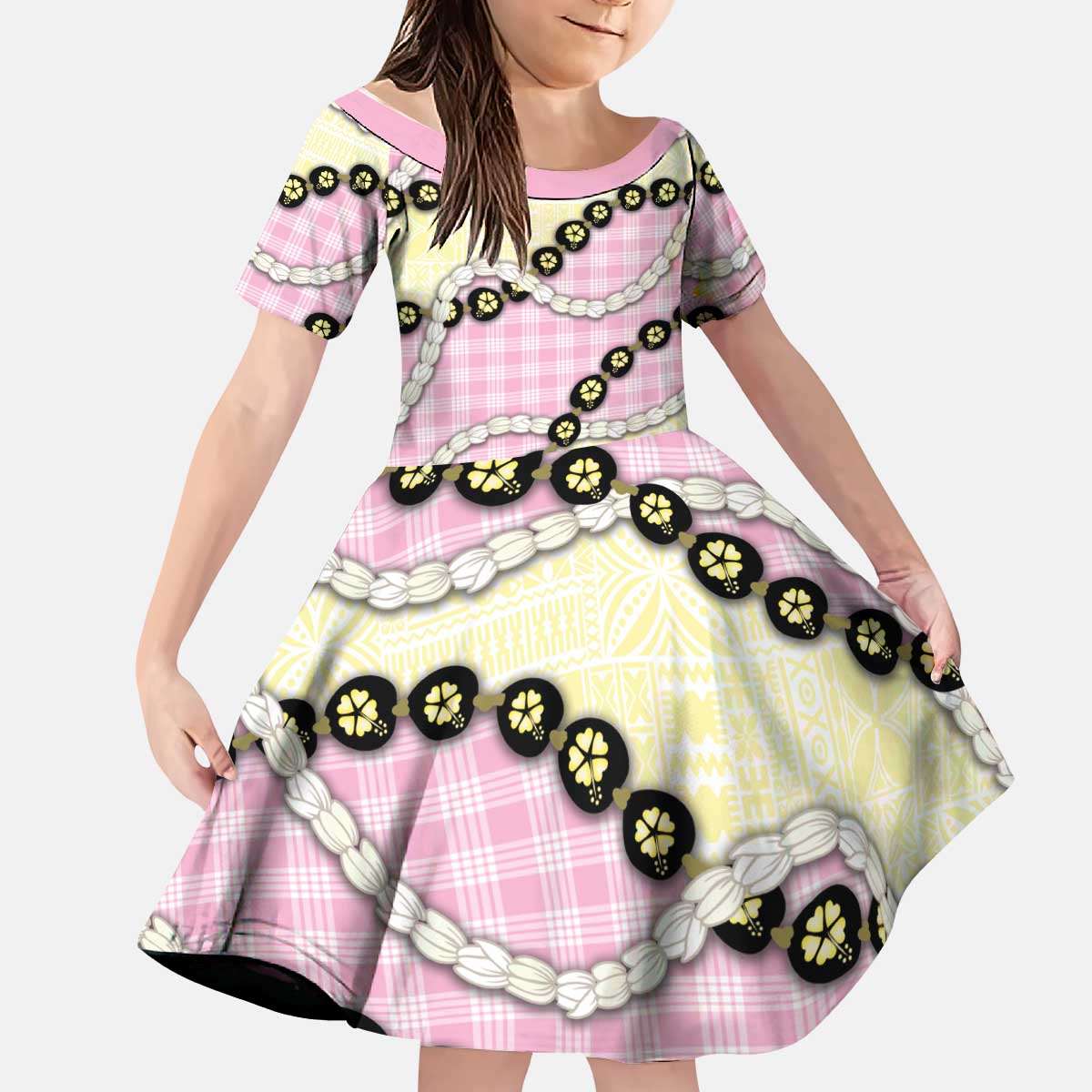 Pink Palaka Hawaii Kid Short Sleeve Dress Kukui Nut Pikake Lei Hawaiian Tapa Pattern LT14 KID Pink - Polynesian Pride