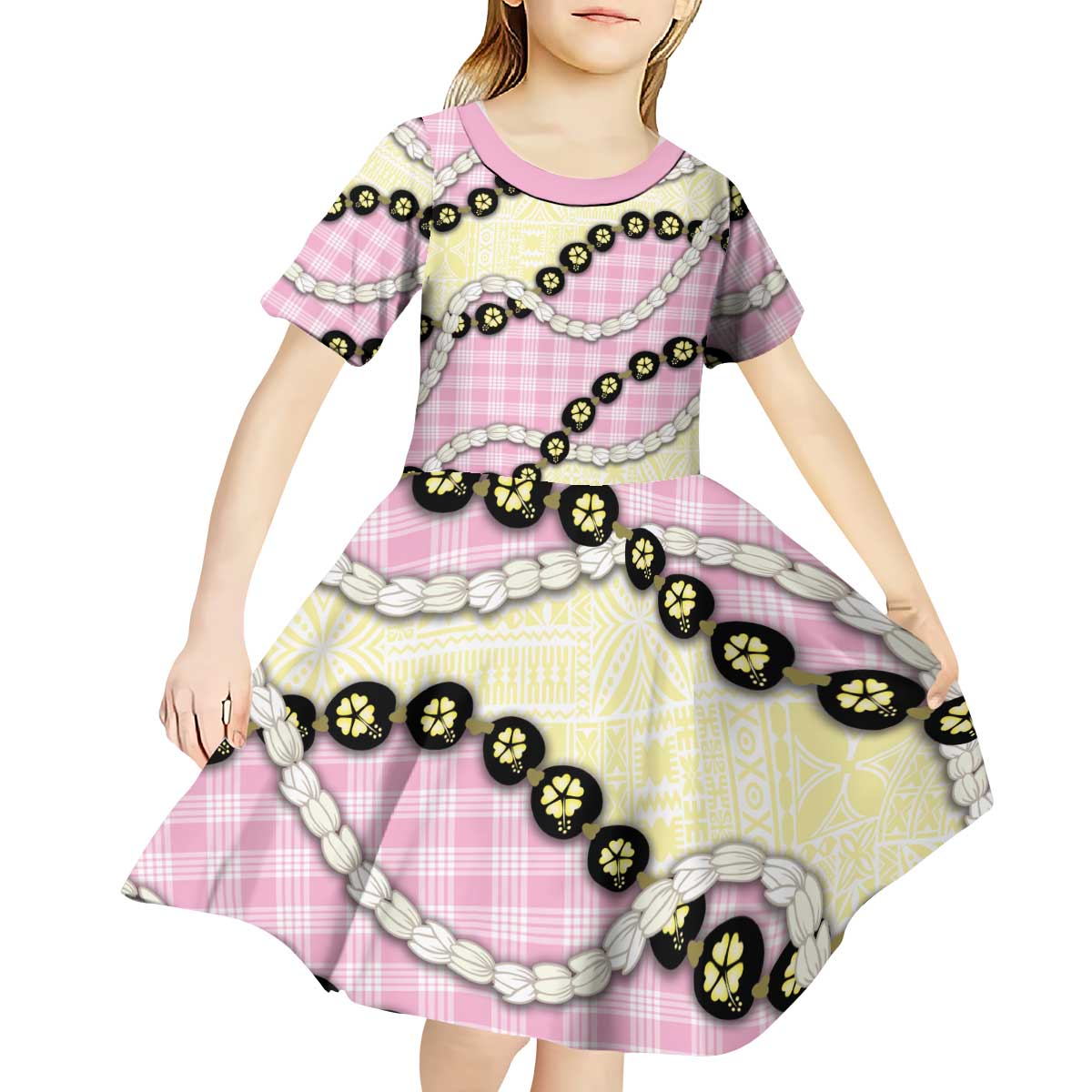 Pink Palaka Hawaii Kid Short Sleeve Dress Kukui Nut Pikake Lei Hawaiian Tapa Pattern LT14 - Polynesian Pride