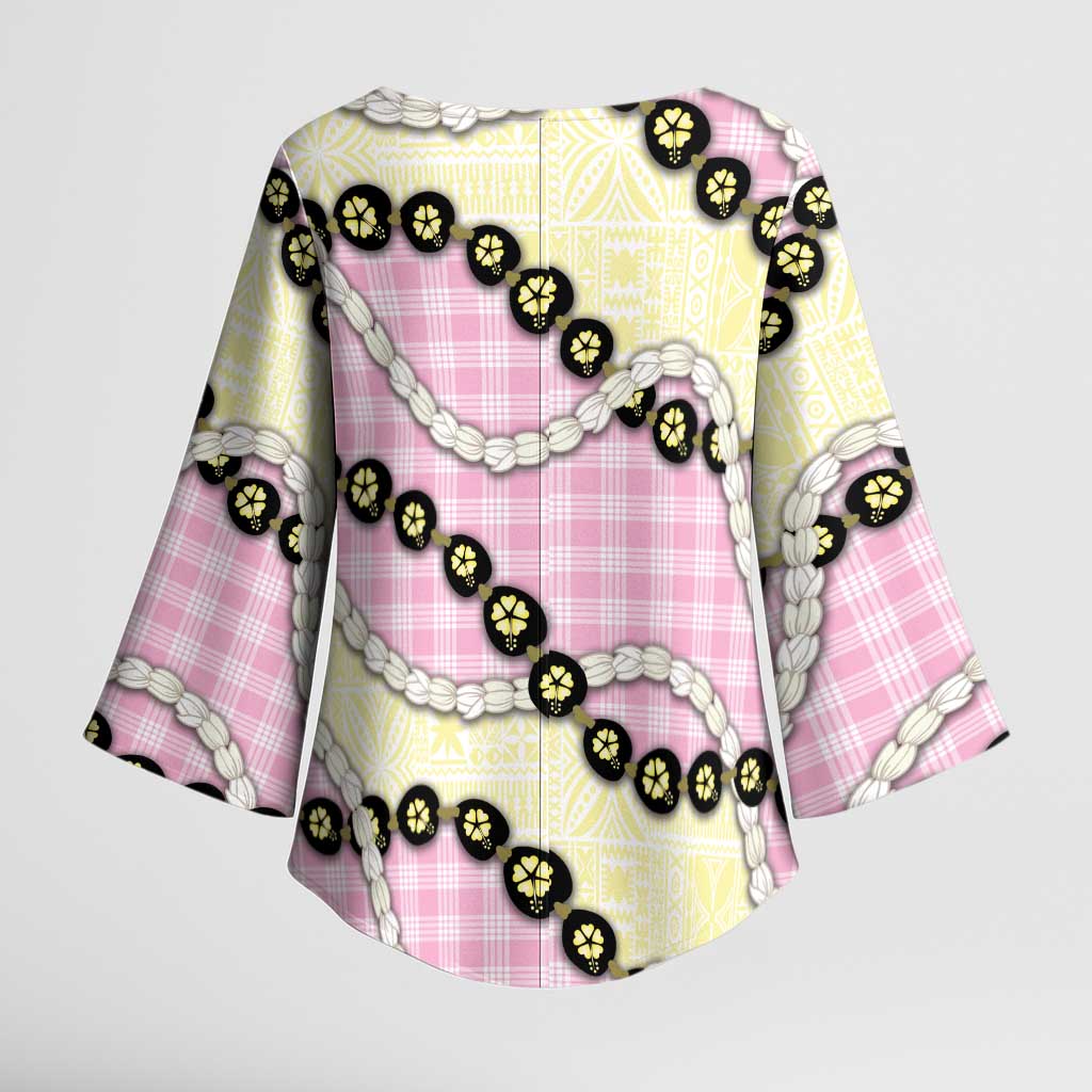 Pink Palaka Hawaii Kimono Sleeve Blouse Kukui Nut Pikake Lei Hawaiian Tapa Pattern LT14 - Polynesian Pride