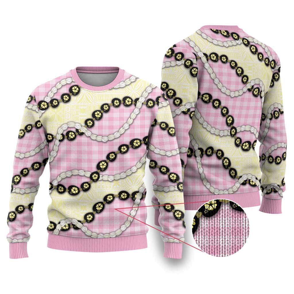 Pink Palaka Hawaii Ugly Christmas Sweater Kukui Nut Pikake Lei Hawaiian Tapa Pattern LT14 Pink - Polynesian Pride