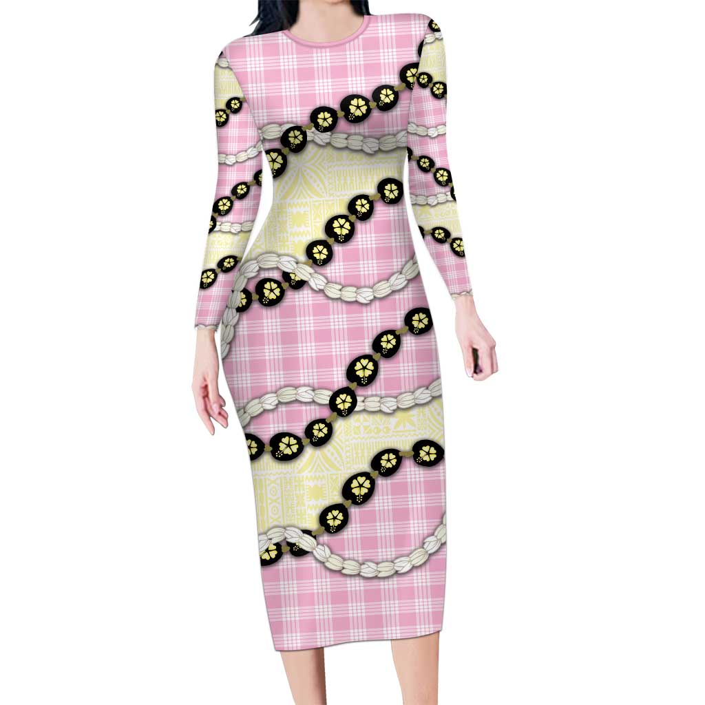 Pink Palaka Hawaii Long Sleeve Bodycon Dress Kukui Nut Pikake Lei Hawaiian Tapa Pattern LT14 Long Dress Pink - Polynesian Pride