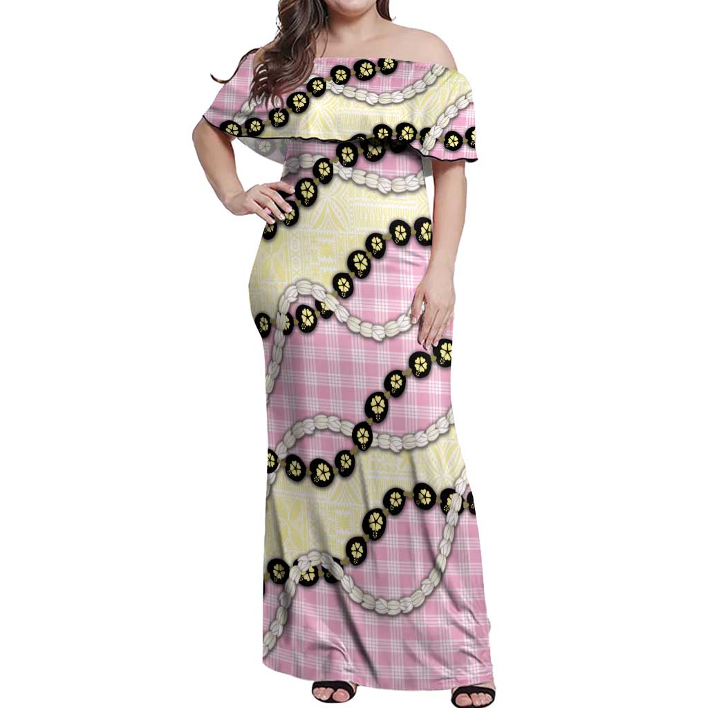 Pink Palaka Hawaii Off Shoulder Maxi Dress Kukui Nut Pikake Lei Hawaiian Tapa Pattern LT14 Women Pink - Polynesian Pride