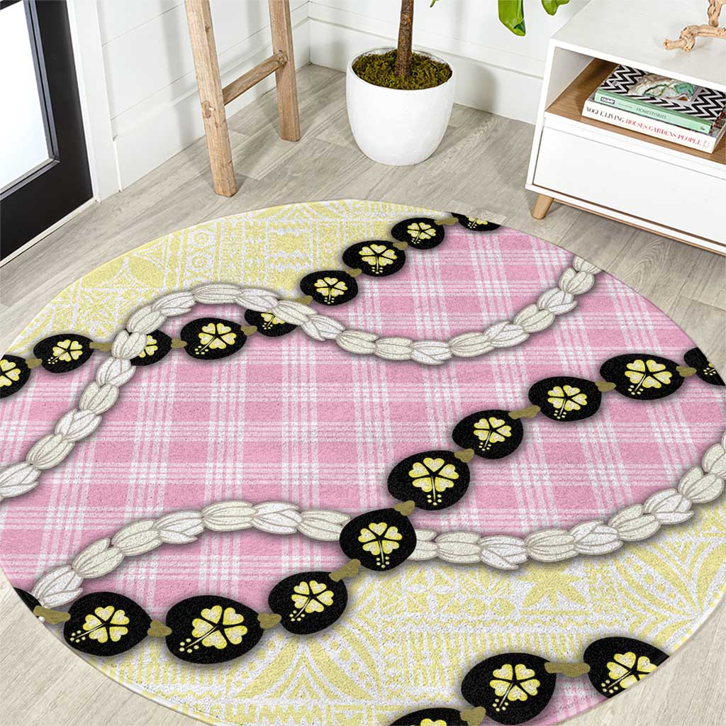 Pink Palaka Hawaii Round Carpet Kukui Nut Pikake Lei Hawaiian Tapa Pattern LT14 Pink - Polynesian Pride