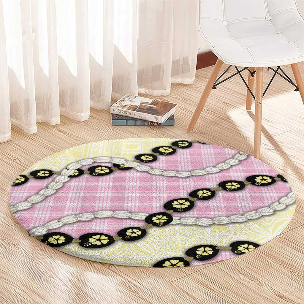 Pink Palaka Hawaii Round Carpet Kukui Nut Pikake Lei Hawaiian Tapa Pattern LT14 - Polynesian Pride