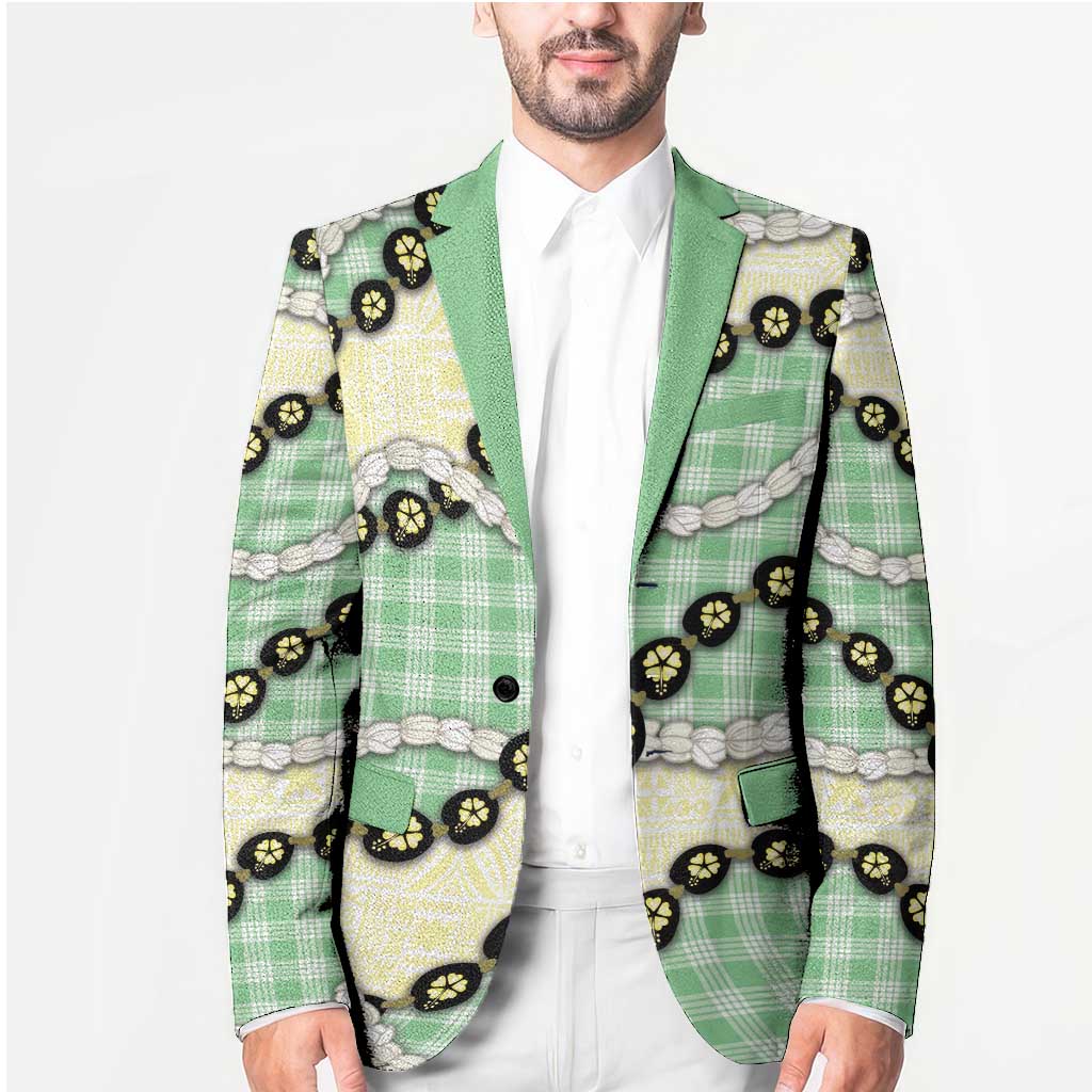 Green Palaka Hawaii Blazer Kukui Nut Pikake Lei Hawaiian Tapa Pattern LT14 - Polynesian Pride