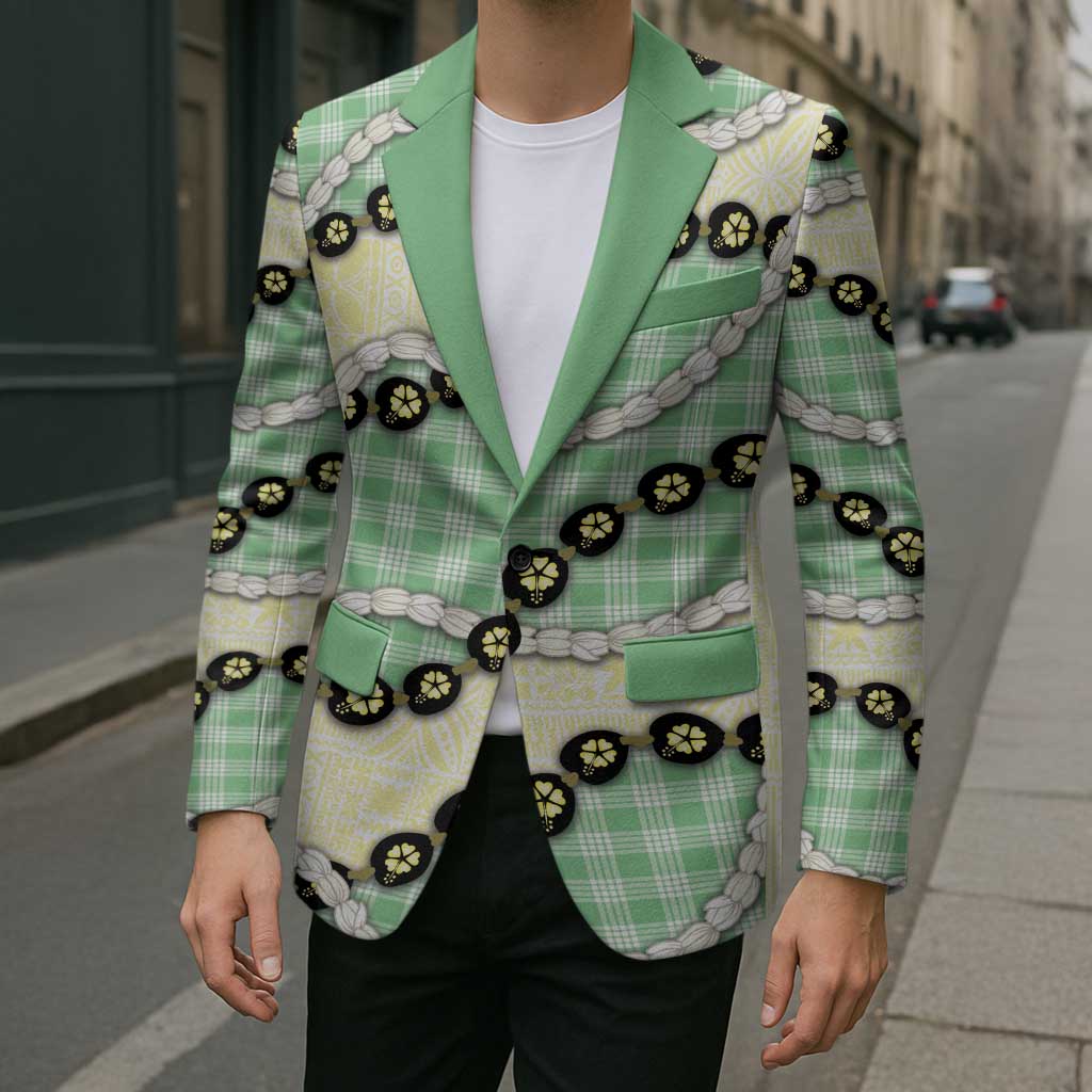 Green Palaka Hawaii Blazer Kukui Nut Pikake Lei Hawaiian Tapa Pattern LT14 - Polynesian Pride