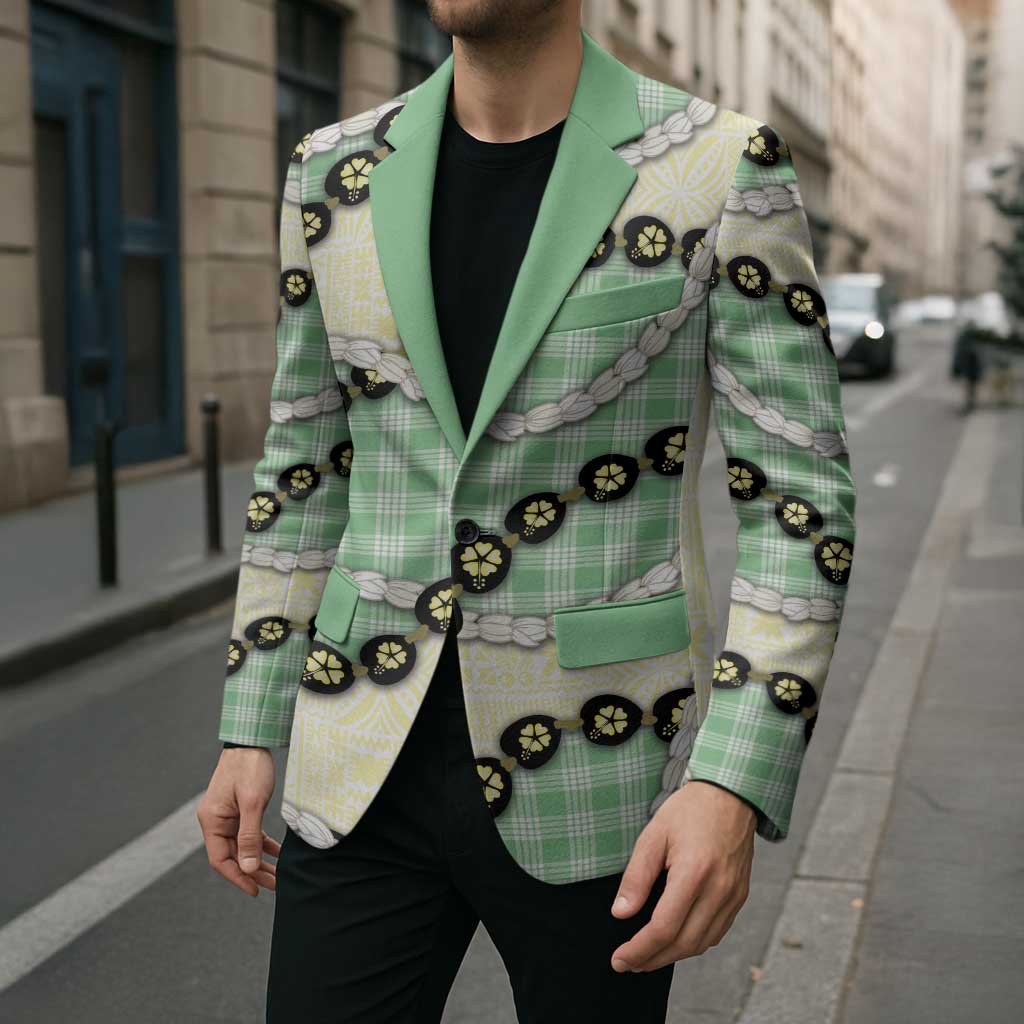 Green Palaka Hawaii Blazer Kukui Nut Pikake Lei Hawaiian Tapa Pattern LT14 - Polynesian Pride