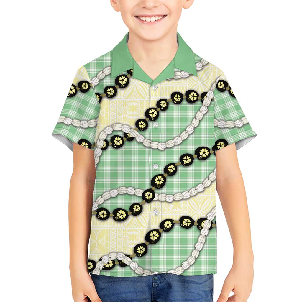 Green Palaka Hawaii Kid Hawaiian Shirt Kukui Nut Pikake Lei Hawaiian Tapa Pattern LT14 Kid Green - Polynesian Pride
