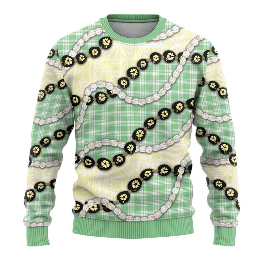 Green Palaka Hawaii Ugly Christmas Sweater Kukui Nut Pikake Lei Hawaiian Tapa Pattern LT14 - Polynesian Pride