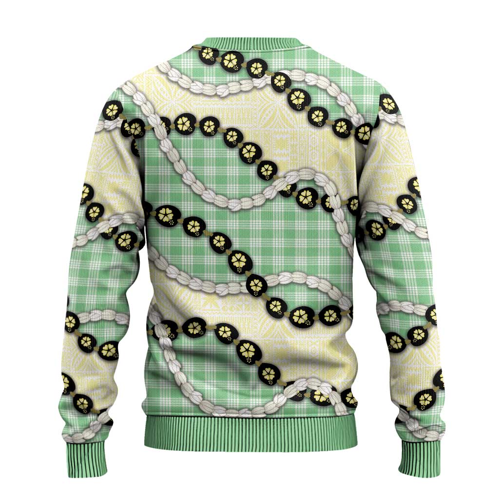 Green Palaka Hawaii Ugly Christmas Sweater Kukui Nut Pikake Lei Hawaiian Tapa Pattern LT14 - Polynesian Pride