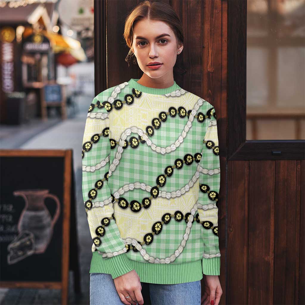 Green Palaka Hawaii Ugly Christmas Sweater Kukui Nut Pikake Lei Hawaiian Tapa Pattern LT14 - Polynesian Pride
