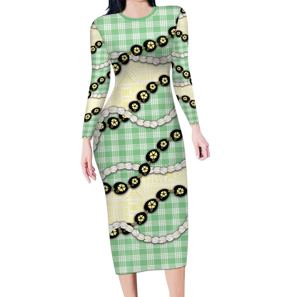 Green Palaka Hawaii Long Sleeve Bodycon Dress Kukui Nut Pikake Lei Hawaiian Tapa Pattern LT14 Long Dress Green - Polynesian Pride