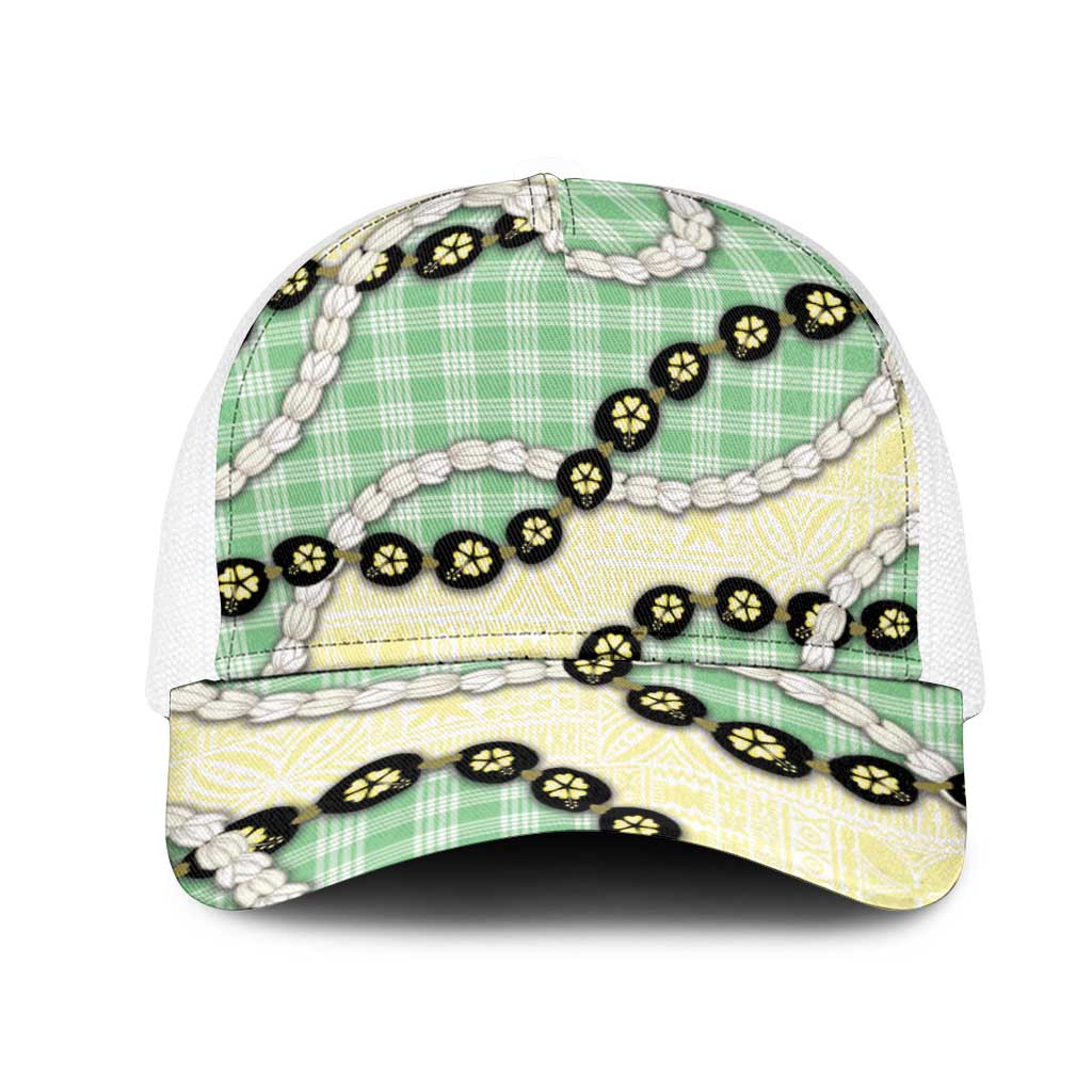 Green Palaka Hawaii Mesh Trucker Cap Kukui Nut Pikake Lei Hawaiian Tapa Pattern LT14 One Size White Green - Polynesian Pride