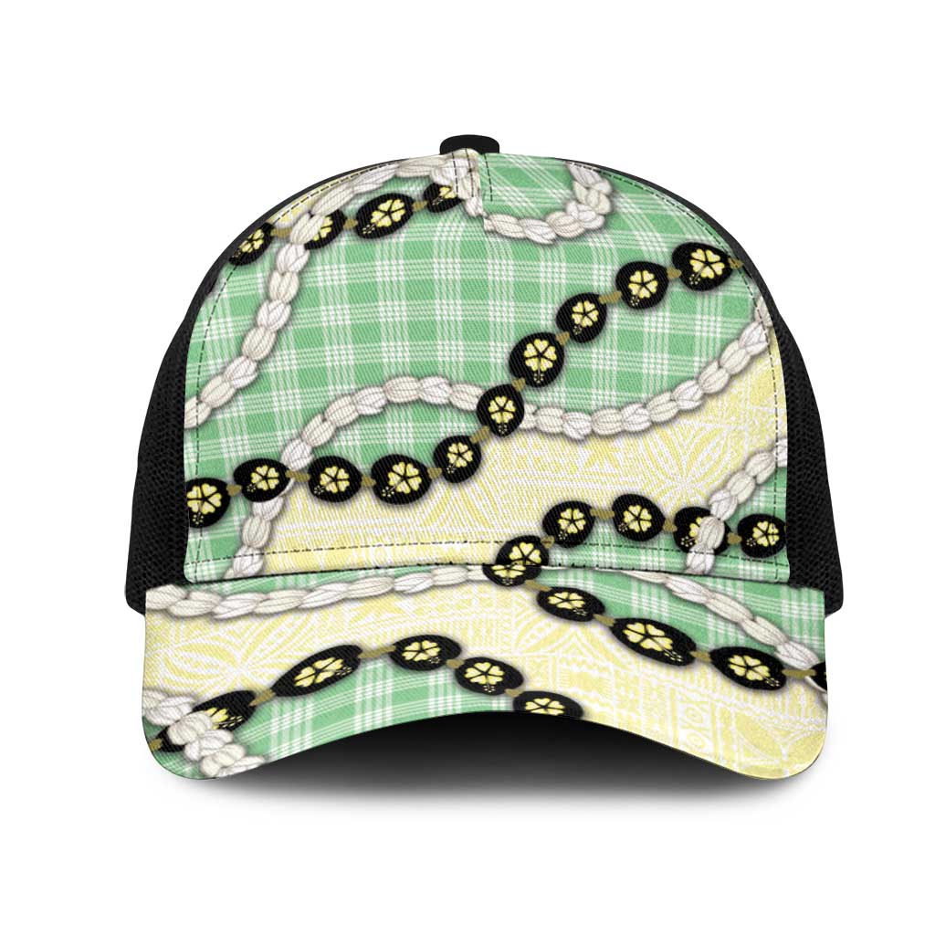 Green Palaka Hawaii Mesh Trucker Cap Kukui Nut Pikake Lei Hawaiian Tapa Pattern LT14 One Size Black Green - Polynesian Pride
