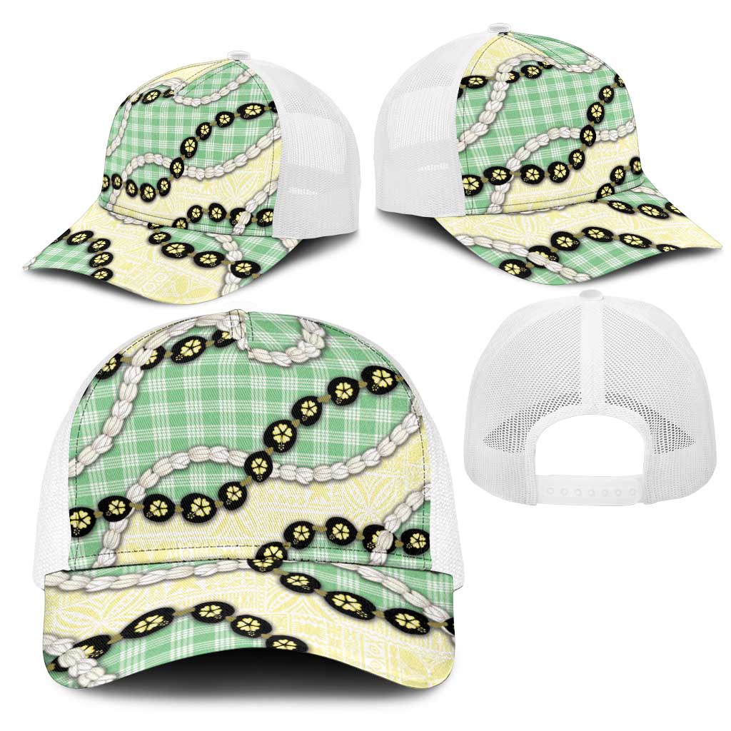 Green Palaka Hawaii Mesh Trucker Cap Kukui Nut Pikake Lei Hawaiian Tapa Pattern LT14 - Polynesian Pride