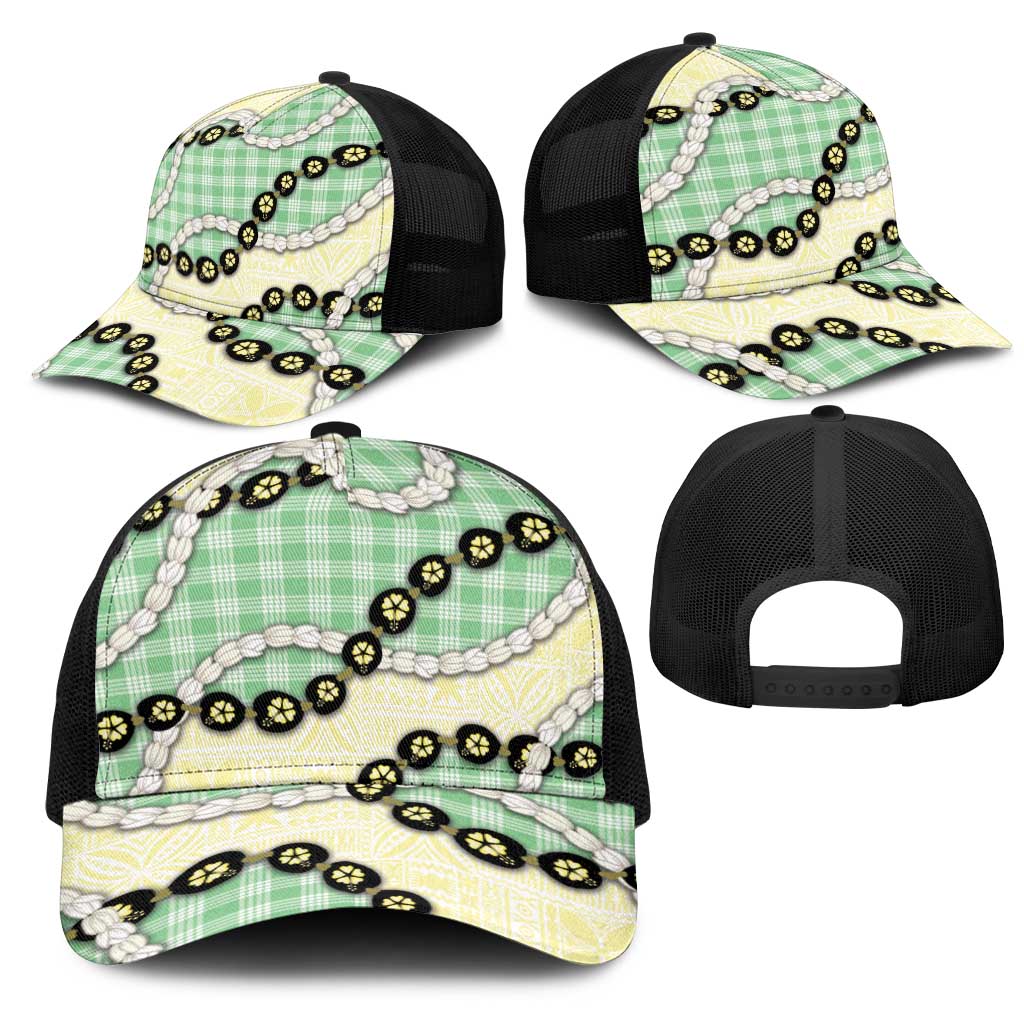 Green Palaka Hawaii Mesh Trucker Cap Kukui Nut Pikake Lei Hawaiian Tapa Pattern LT14 - Polynesian Pride