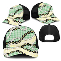 Green Palaka Hawaii Mesh Trucker Cap Kukui Nut Pikake Lei Hawaiian Tapa Pattern LT14 - Polynesian Pride