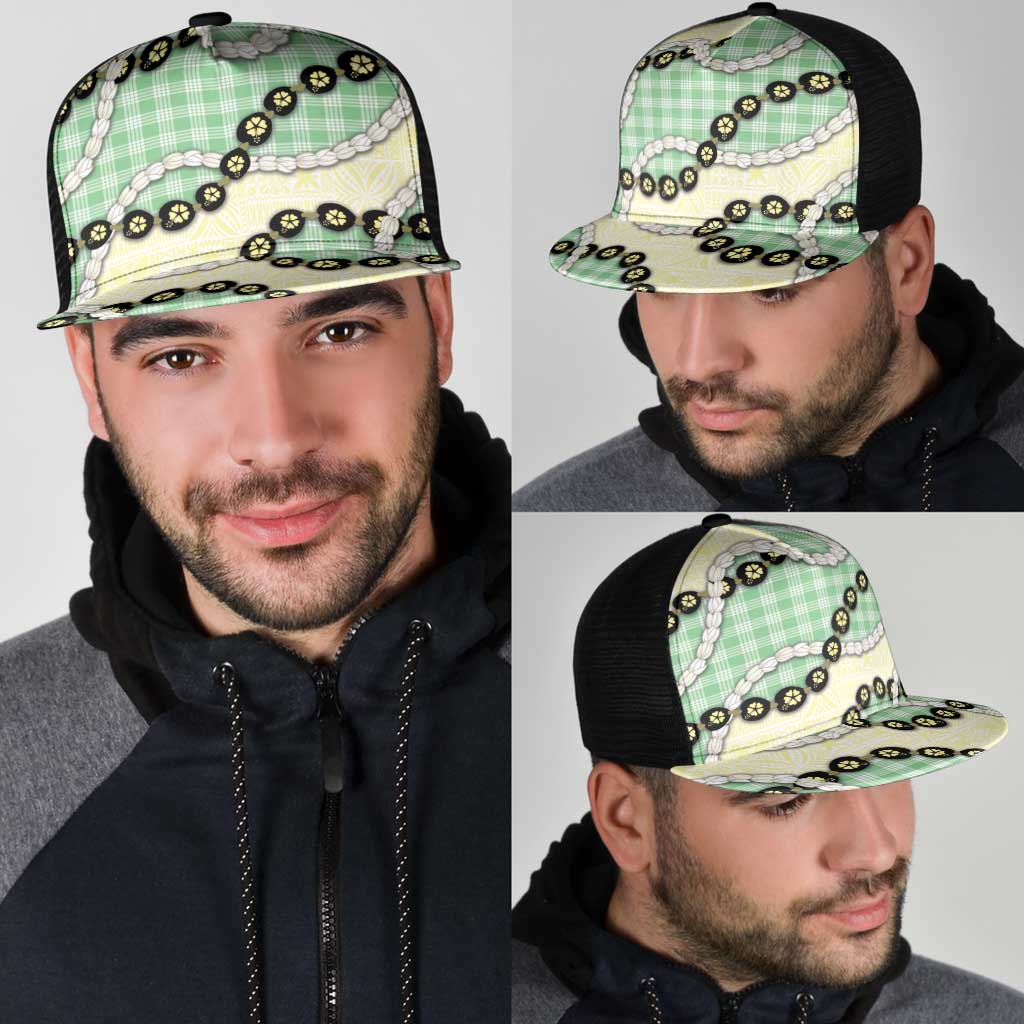 Green Palaka Hawaii Mesh Trucker Cap Kukui Nut Pikake Lei Hawaiian Tapa Pattern LT14 - Polynesian Pride