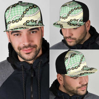 Green Palaka Hawaii Mesh Trucker Cap Kukui Nut Pikake Lei Hawaiian Tapa Pattern LT14 - Polynesian Pride