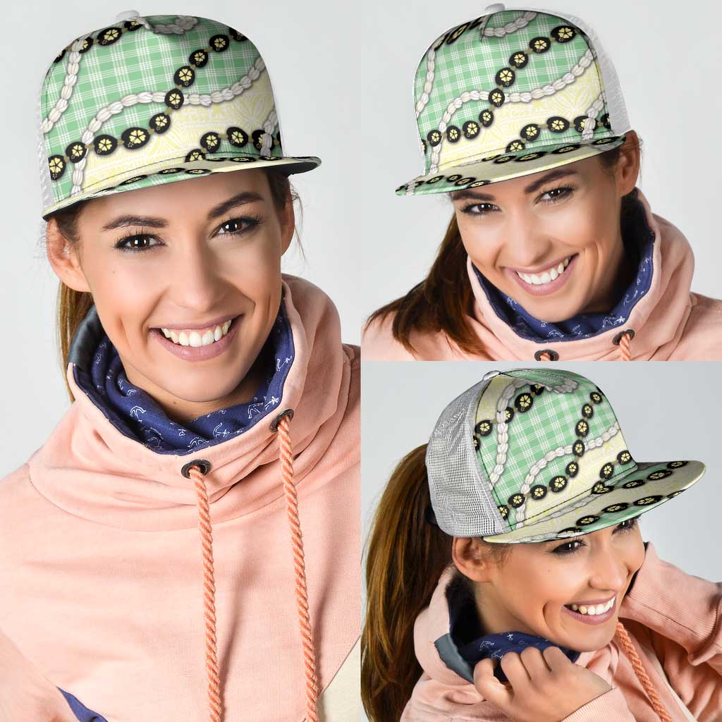 Green Palaka Hawaii Mesh Trucker Cap Kukui Nut Pikake Lei Hawaiian Tapa Pattern LT14 - Polynesian Pride