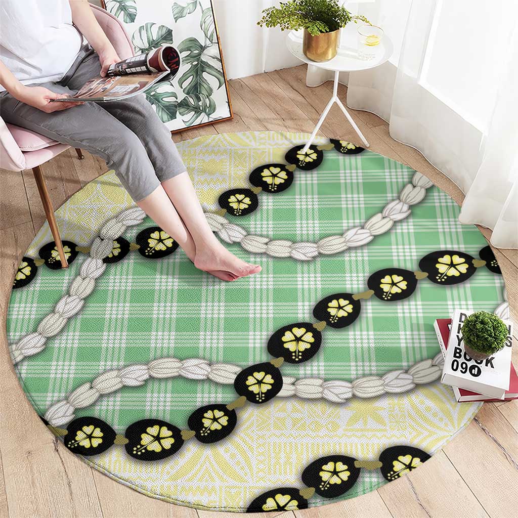 Green Palaka Hawaii Round Carpet Kukui Nut Pikake Lei Hawaiian Tapa Pattern LT14 - Polynesian Pride