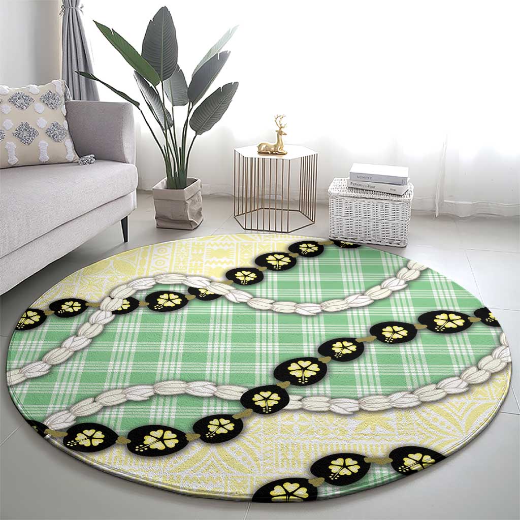 Green Palaka Hawaii Round Carpet Kukui Nut Pikake Lei Hawaiian Tapa Pattern LT14 - Polynesian Pride
