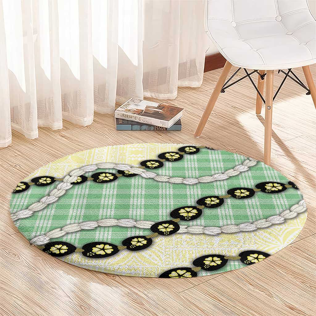 Green Palaka Hawaii Round Carpet Kukui Nut Pikake Lei Hawaiian Tapa Pattern LT14 - Polynesian Pride