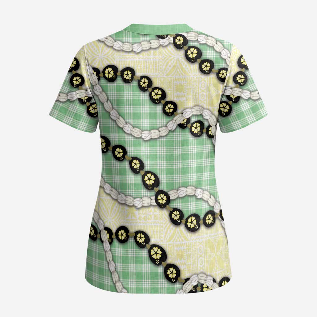 Green Palaka Hawaii Scrub Top Kukui Nut Pikake Lei Hawaiian Tapa Pattern LT14 - Polynesian Pride
