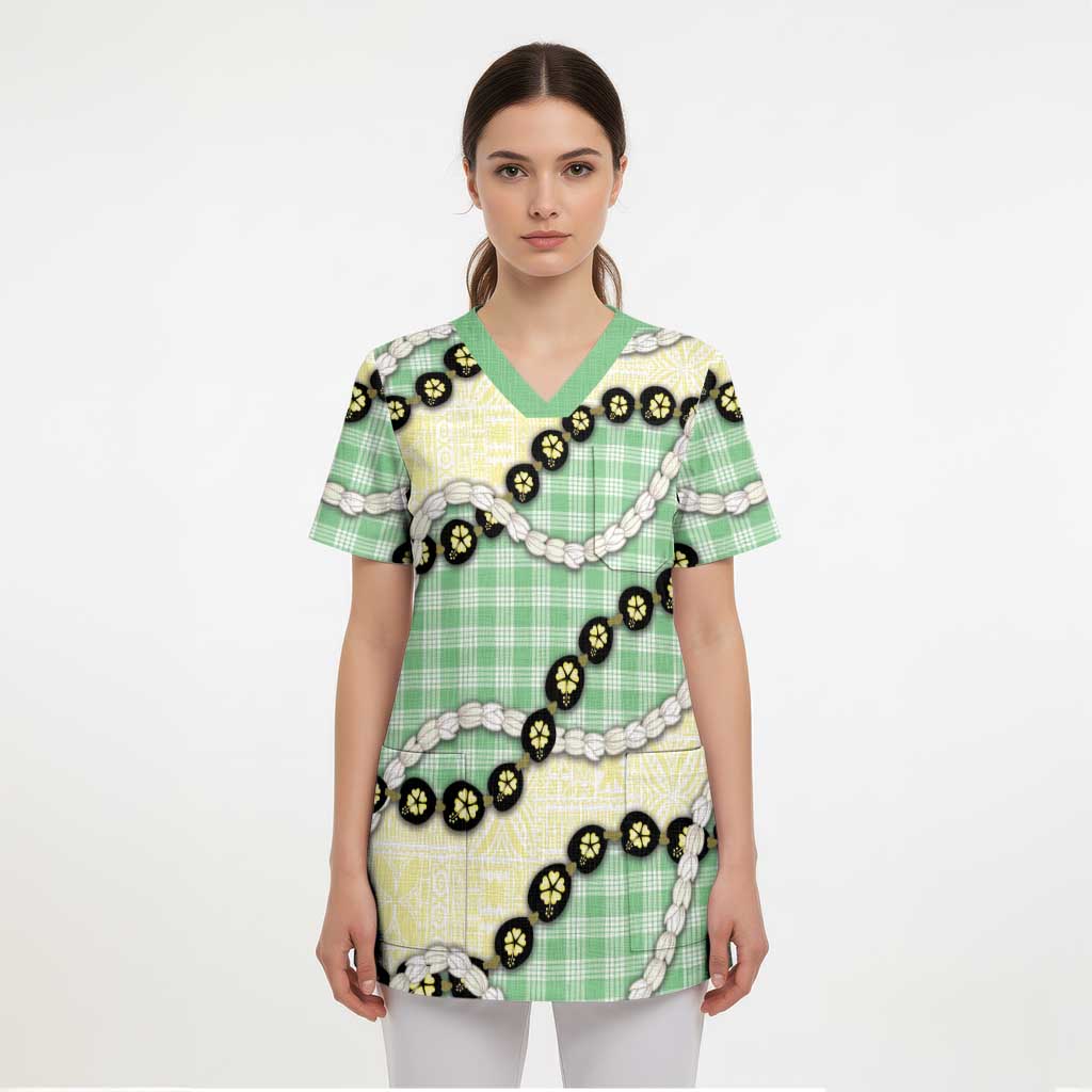 Green Palaka Hawaii Scrub Top Kukui Nut Pikake Lei Hawaiian Tapa Pattern LT14 - Polynesian Pride