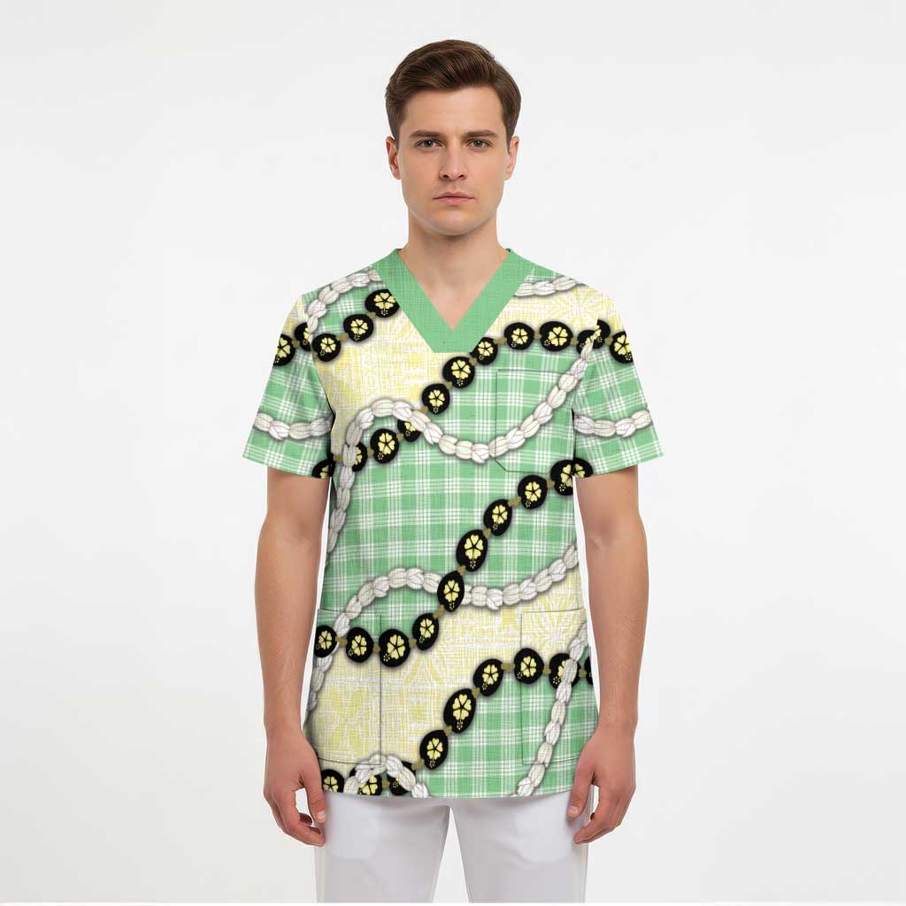 Green Palaka Hawaii Scrub Top Kukui Nut Pikake Lei Hawaiian Tapa Pattern LT14 - Polynesian Pride