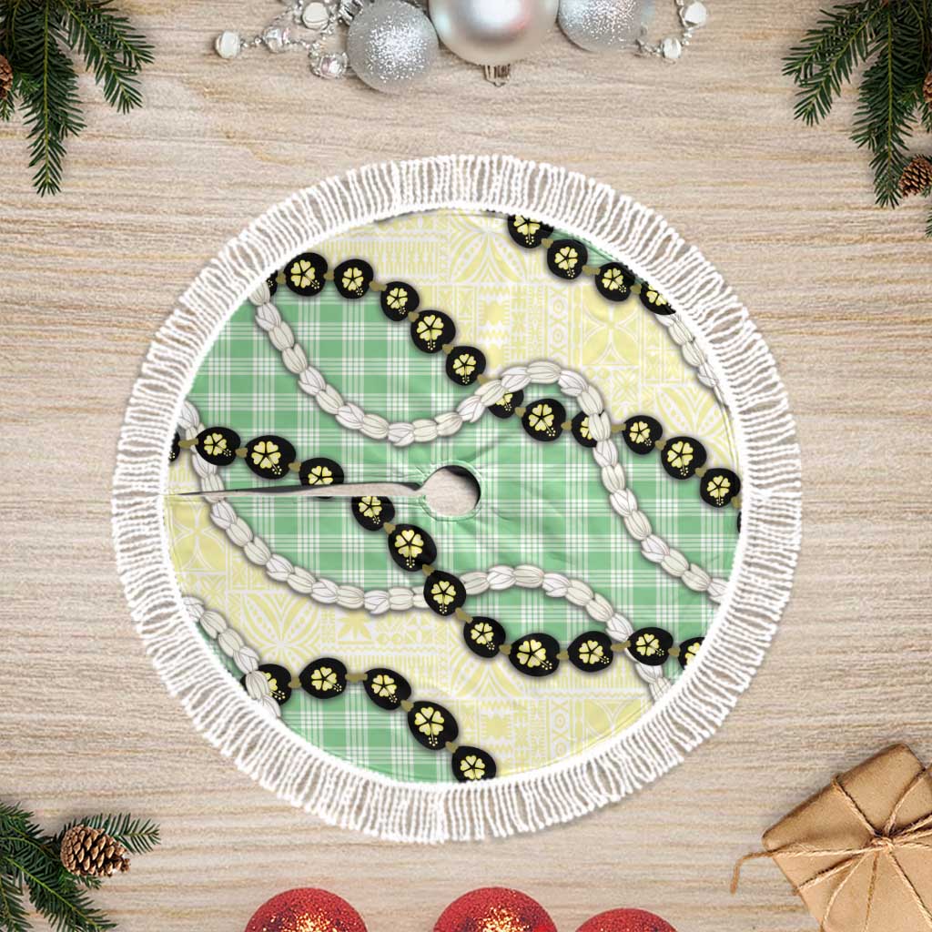 Green Palaka Hawaii Tree Skirt Kukui Nut Pikake Lei Hawaiian Tapa Pattern LT14 Fringed Green - Polynesian Pride