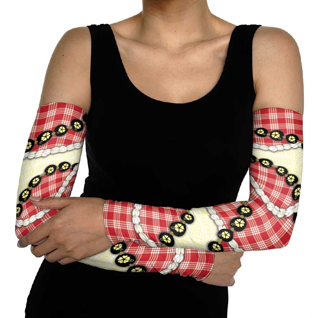 Red Palaka Hawaii Arm Sleeves Kukui Nut Pikake Lei Hawaiian Tapa Pattern LT14 - Polynesian Pride