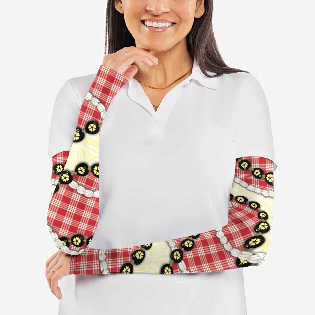 Red Palaka Hawaii Arm Sleeves Kukui Nut Pikake Lei Hawaiian Tapa Pattern LT14 - Polynesian Pride