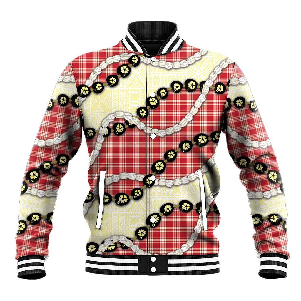 Red Palaka Hawaii Baseball Jacket Kukui Nut Pikake Lei Hawaiian Tapa Pattern LT14 Unisex Red - Polynesian Pride