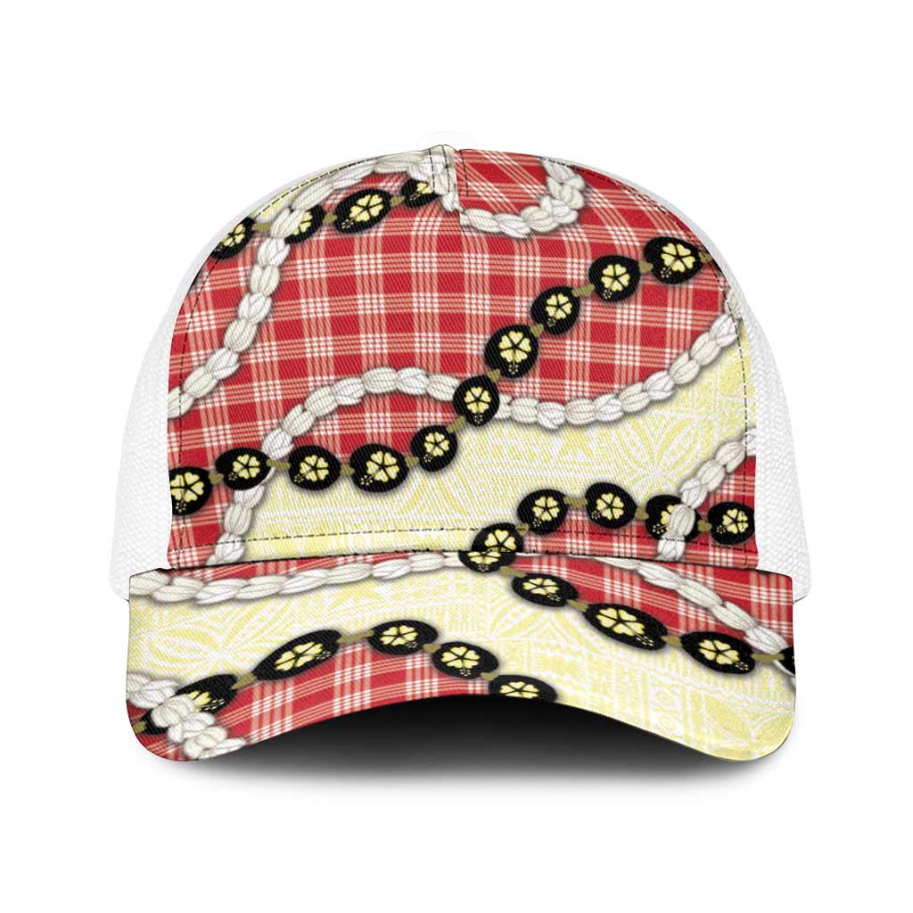 Red Palaka Hawaii Baseball Net Cap Kukui Nut Pikake Lei Hawaiian Tapa Pattern LT14 One Size White Red - Polynesian Pride