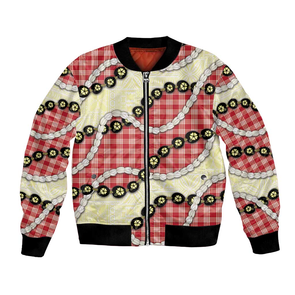 Red Palaka Hawaii Bomber Jacket Kukui Nut Pikake Lei Hawaiian Tapa Pattern LT14 Unisex Red - Polynesian Pride